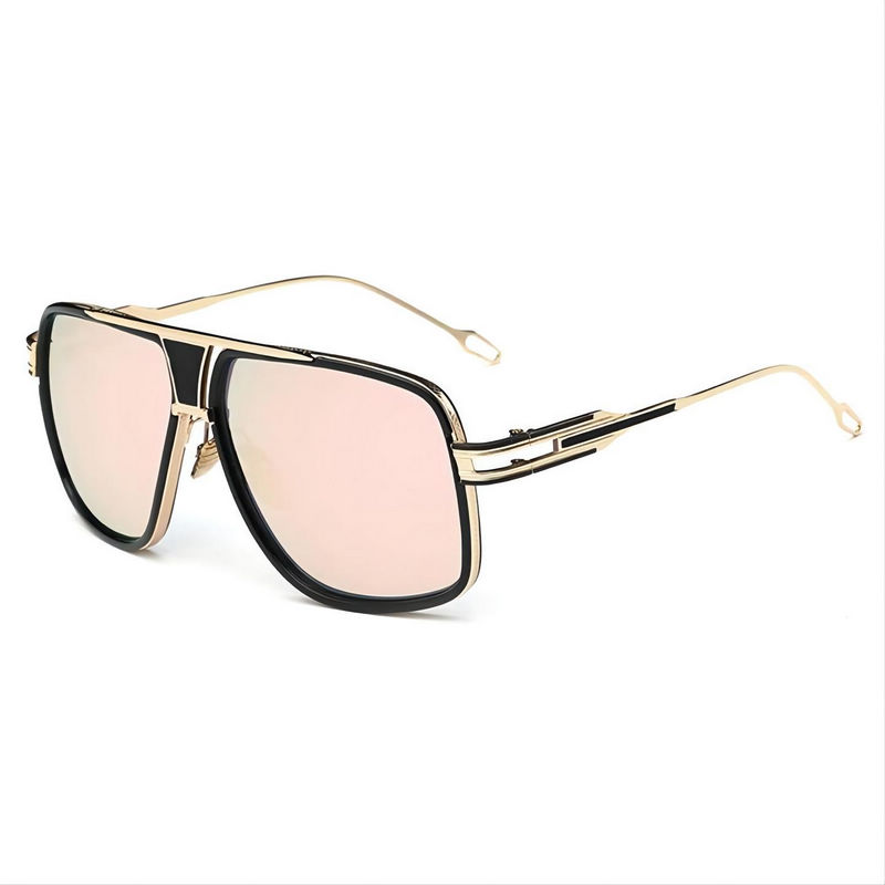 Vintage Flat-Top Square Pilot Sunglasses Gold-Tone Frame Mirror Pink Lens