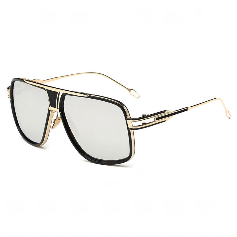 Vintage Flat-Top Square Pilot Sunglasses Gold-Tone Frame Mirror White Lens