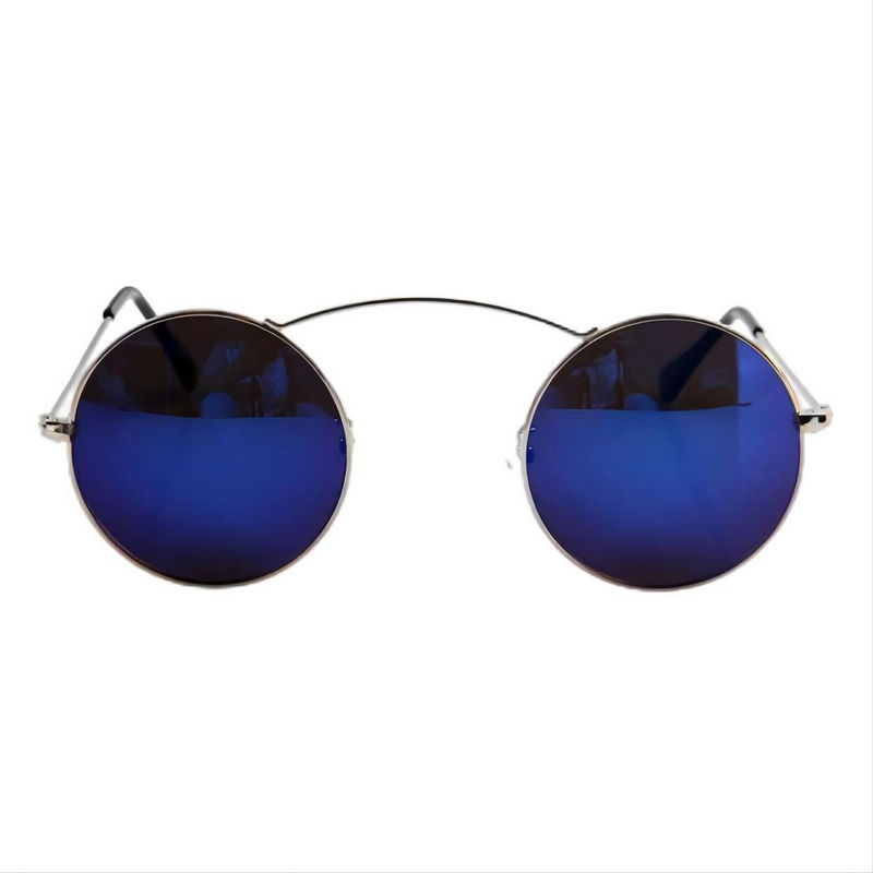 Vintage Punk Metal Brow-Bar Round Sunglasses Mirrored Blue