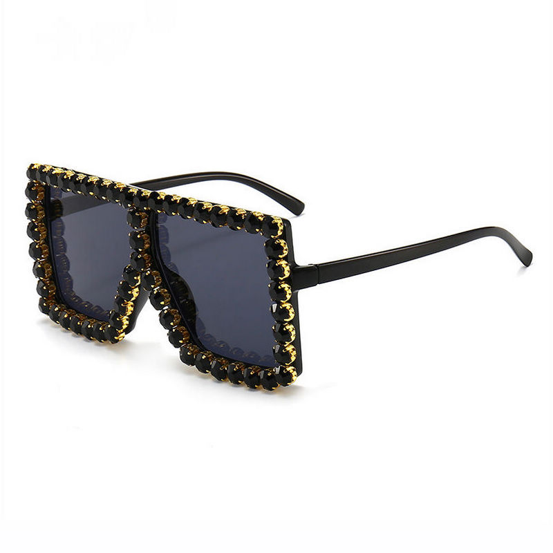 Black Bling Crystal Embellished Large Square Flat-Top Sunglasses