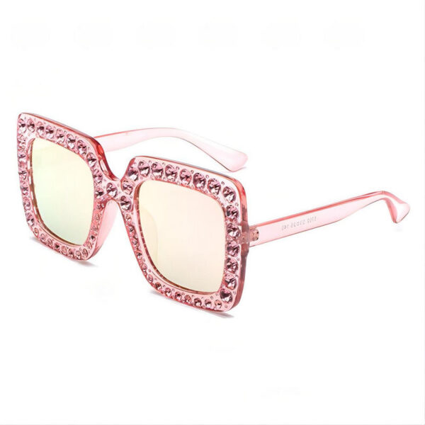 Bling Diamond-Embellished Oversized Square Sunglasses Mirrored Pink