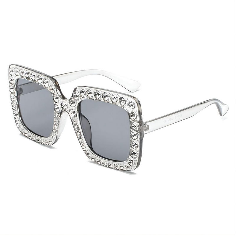 Bling Diamond-Embellished Oversized Square Sunglasses Transparent Grey