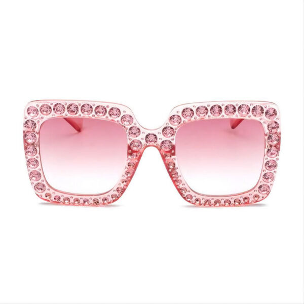 Bling Diamond-Embellished Oversized Square Sunglasses Transparent Pink Frame Gradient Red Lens