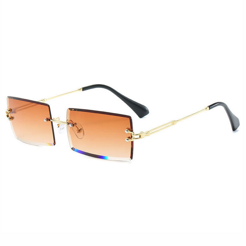 Classic Square Rimless Sunglasses Gold-Tone Temples Gradient Brown Lens