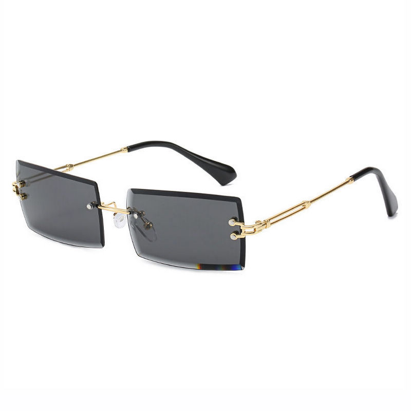 Classic Square Rimless Sunglasses Gold-Tone Temples Grey Lens