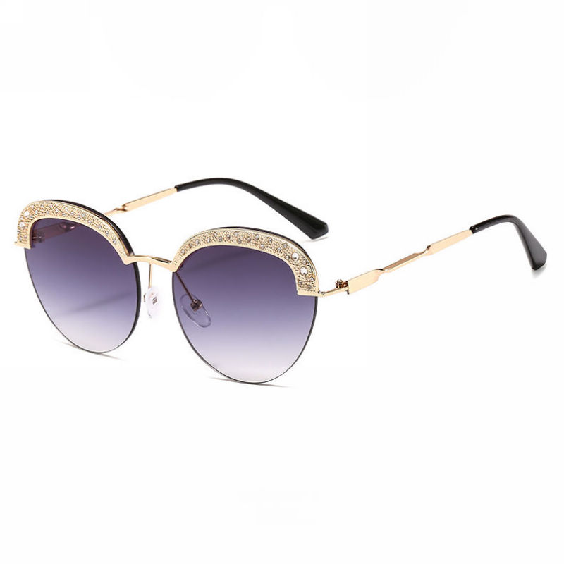 Crystal-Embellished Half-Rim Cat-Eye Sunglasses Gold-Tone/Gradient Grey
