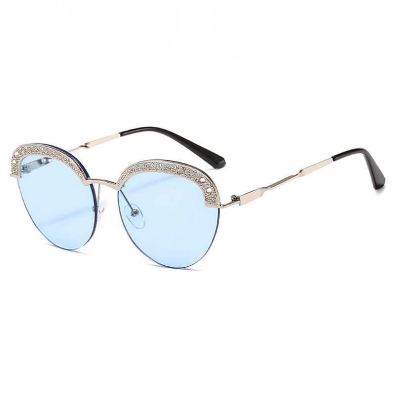 Crystal-Embellished Half-Rim Cat-Eye Sunglasses Silver-Tone/Tinted Blue