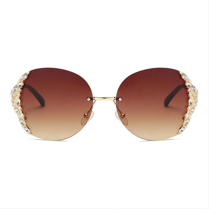 Oversized Rimless Bling Crystal Rhinestone Embellished Sunglasses Gold-Tone/Gradient Brown