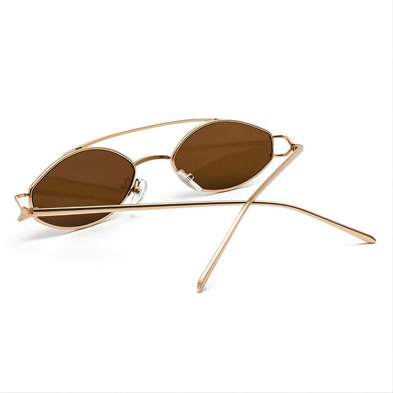 Small Narrow Oval Geometric Sunglasses Gold Metal Double-Bridge Brown Lens
