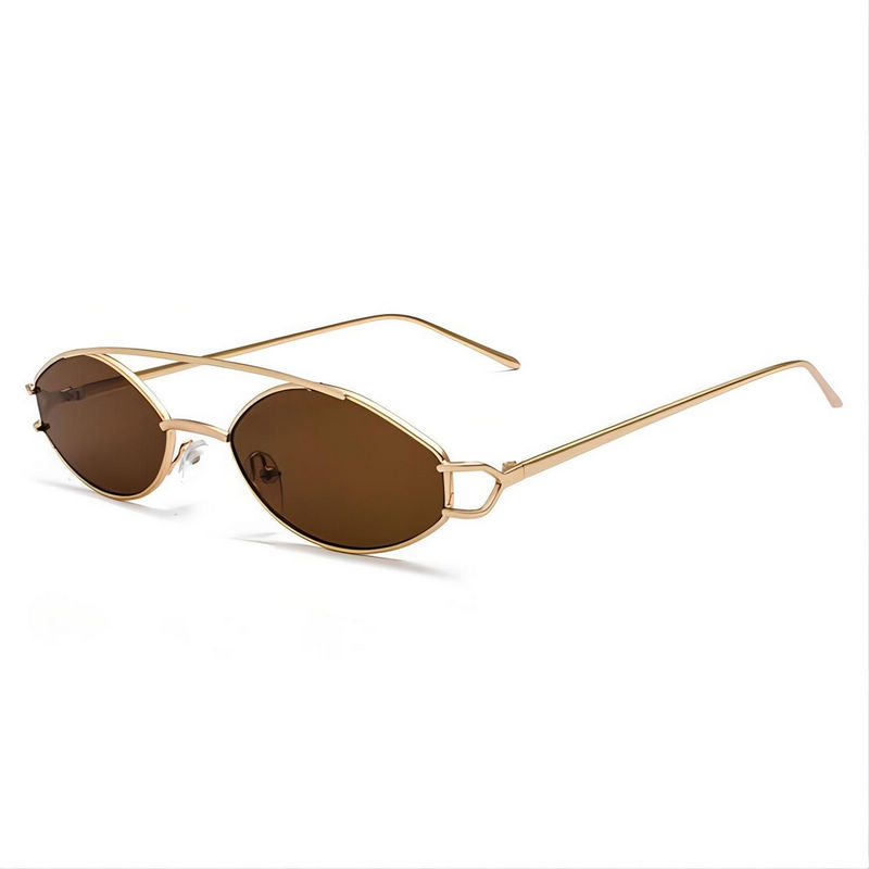 Small Narrow Oval Geometric Sunglasses Gold-Tone Metal Double-Bridge