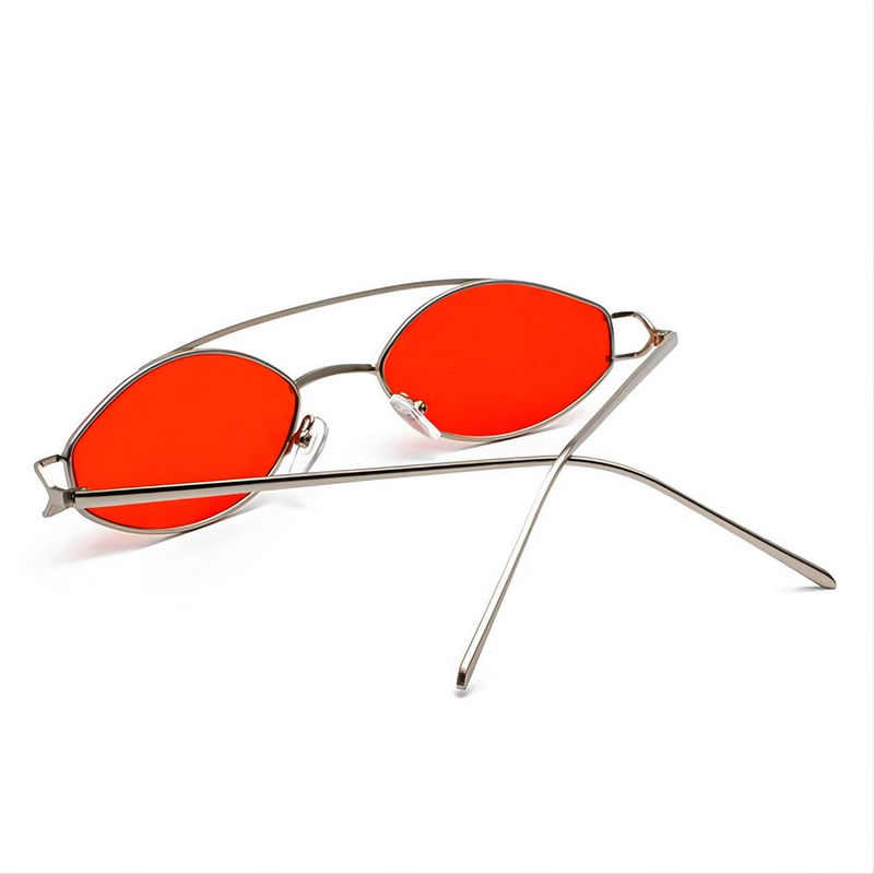 Small Narrow Oval Geometric Sunglasses Metal Double-Bridge Silver-Tone/Tinted Red