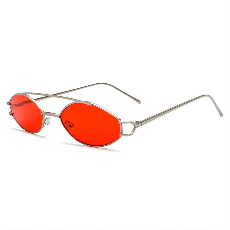 Small Narrow Oval Geometric Sunglasses Metal Double-Bridge Tinted Red