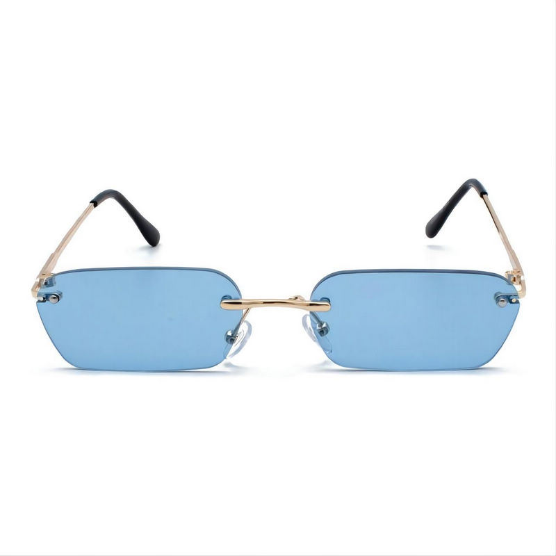 Small Narrow Rectangle Rimless Sunglasses Gold-Tone Arms Tinted Blue Lens