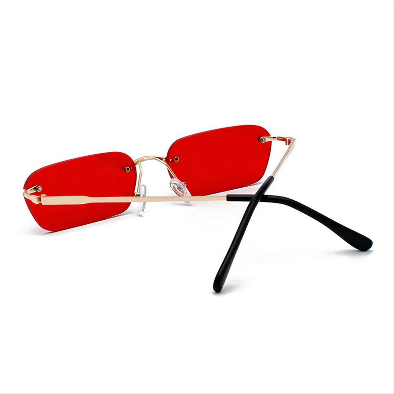 Small Narrow Rectangle Rimless Sunglasses Gold-Tone Arms Tinted Red Lens