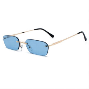 Small Narrow Rectangle Rimless Sunglasses Tinted Blue