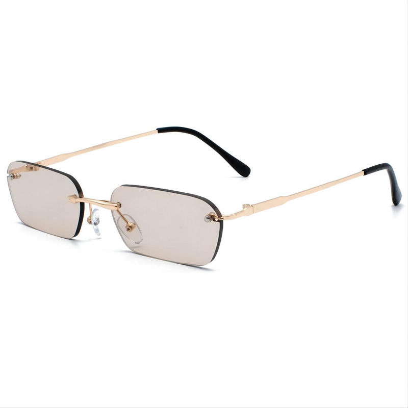 Small Narrow Rectangle Rimless Sunglasses Tinted Brown