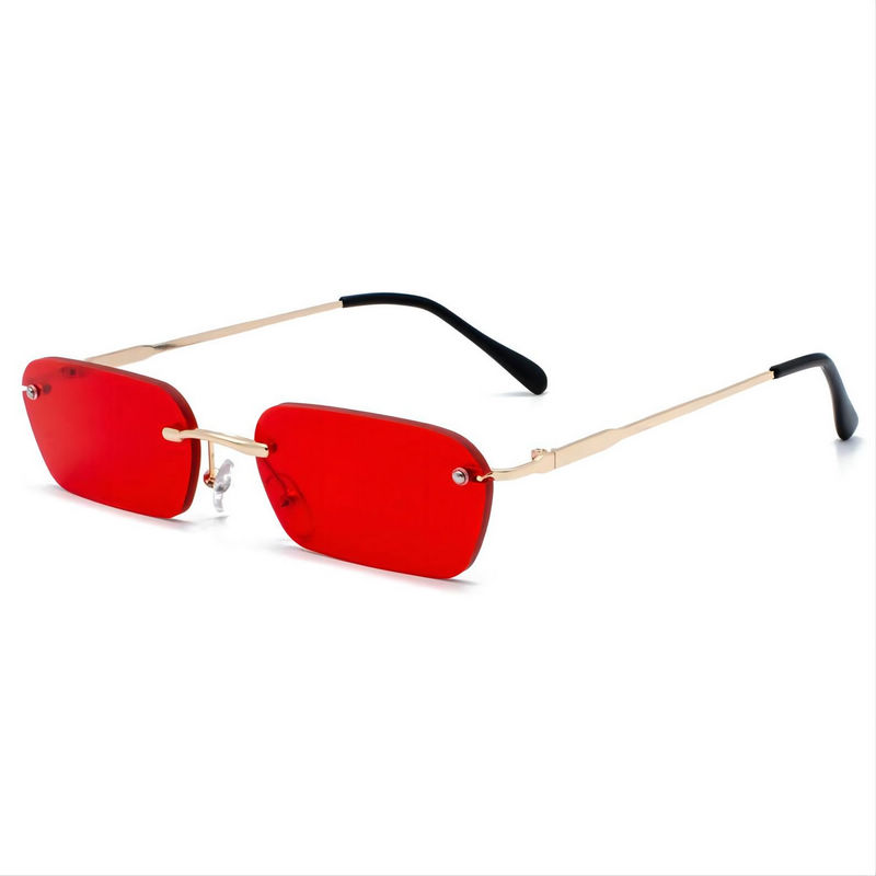 Small Narrow Rectangle Rimless Sunglasses Tinted Red