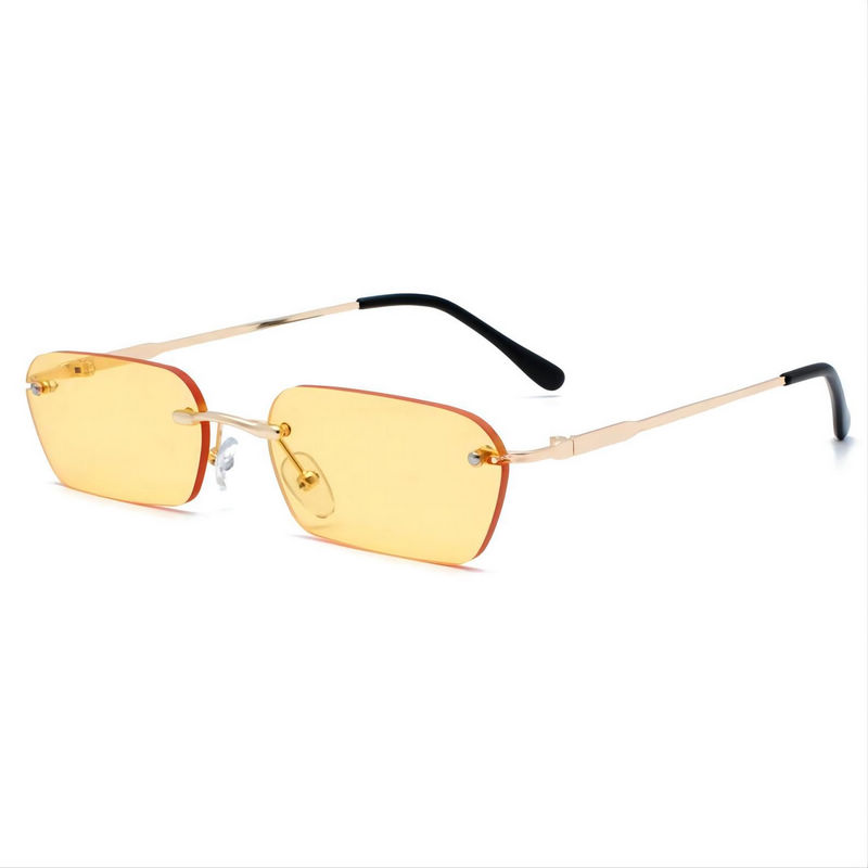 Small Narrow Rectangle Rimless Sunglasses Tinted Yellow