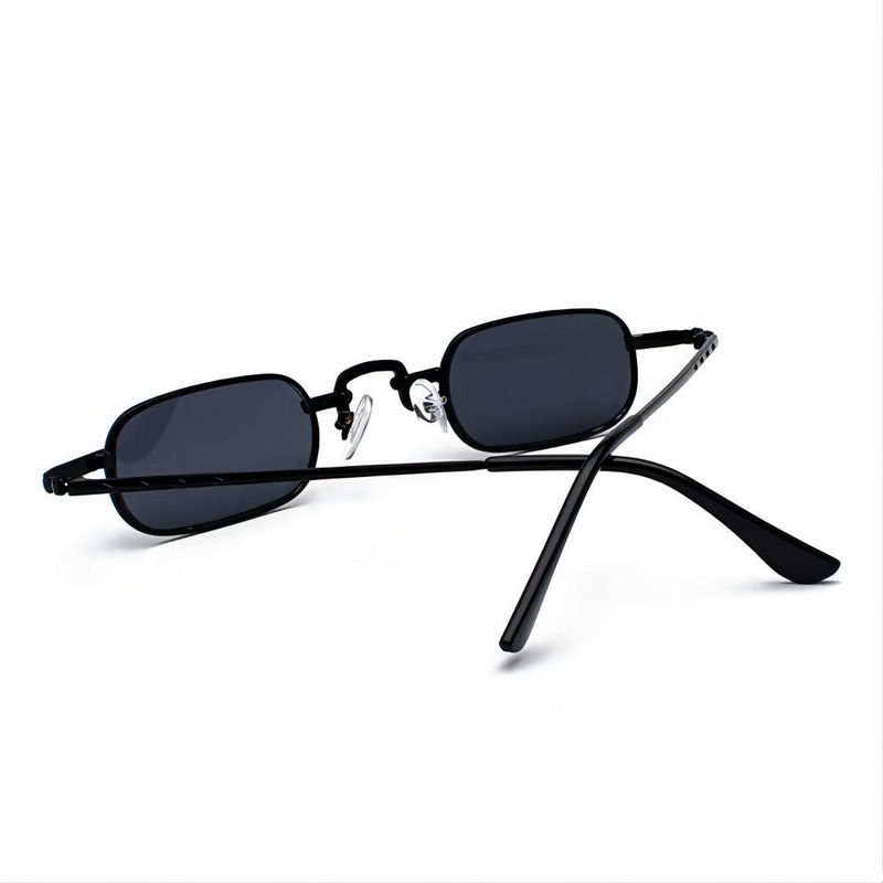 Small Narrow Rectangular Metal-Frame Sunglasses Black Frame Grey Lens