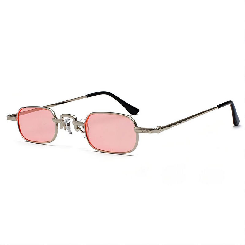 Small Narrow Rectangular Metal-Frame Sunglasses Silver-Tone/Tinted Pink