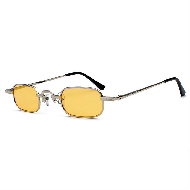 Small Narrow Rectangular Metal-Frame Sunglasses Silver-Tone/Tinted Yellow