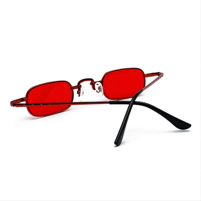Small Narrow Rectangular Metal-Frame Sunglasses Tinted Red