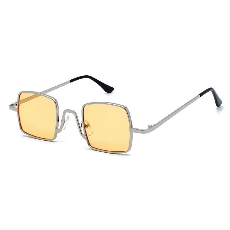 Small Steampunk Retro Square Sunglasses Metal Frame Silver-Tone/Tinted Yellow