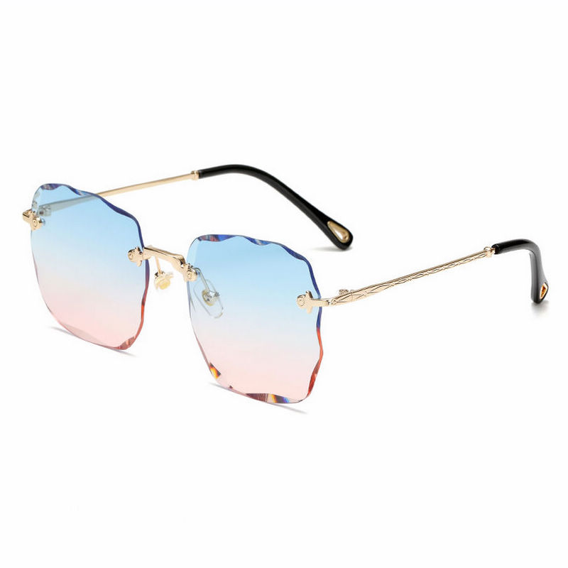 Square Rimless Scalloped Sunglasses Gold Metal Temples Blue Pink Lens