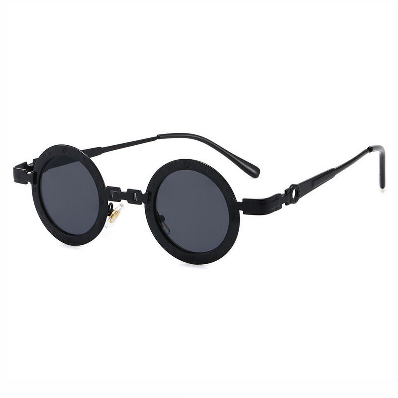Steampunk Chain-Link Bridge Small Round Metal Sunglasses All Black