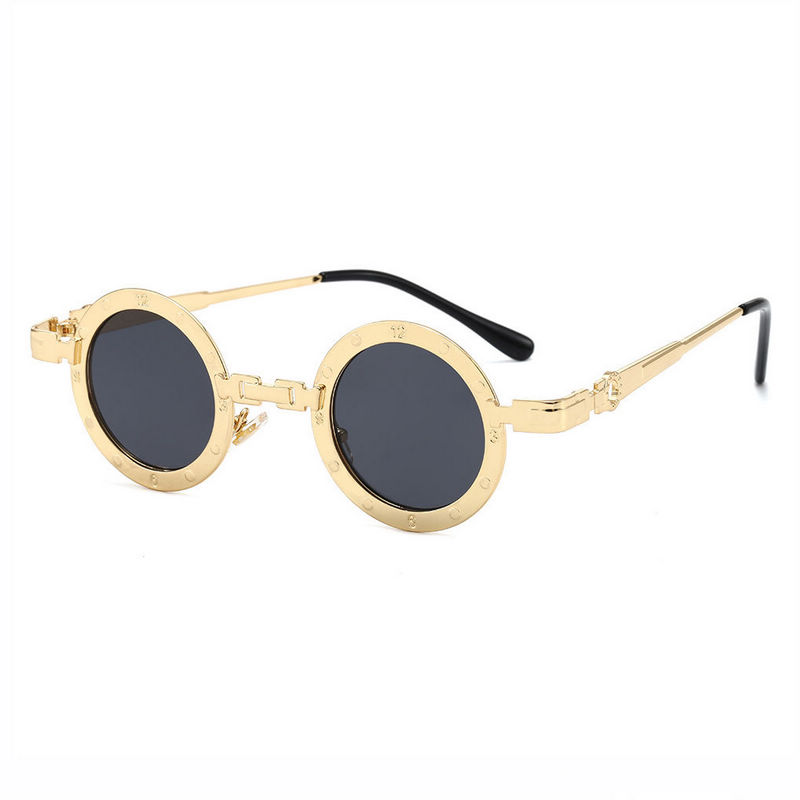 Steampunk Chain-Link Bridge Small Round Metal Sunglasses Gold-Tone/Grey