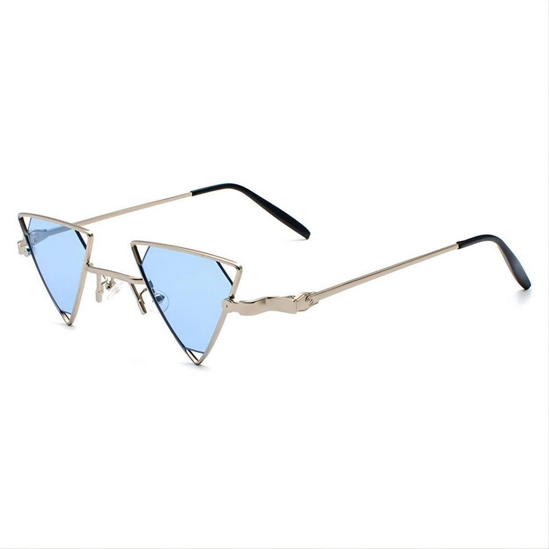 Steampunk Funny Triangle Sunglasses Silver Metal Frame Blue Pentagonal Lens