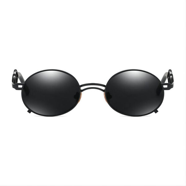 Steampunk Small Oval-Shaped Sunglasses with Intricate Temples Black Frame Grey Lens