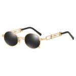 Steampunk Small Oval-Shaped Sunglasses with Intricate Temples Gold-Tone Frame Grey Lens