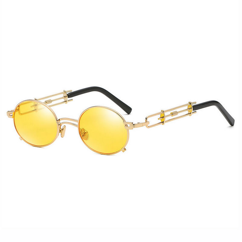 Steampunk Small Oval-Shaped Sunglasses with Intricate Temples Gold-Tone Frame Yellow Lens