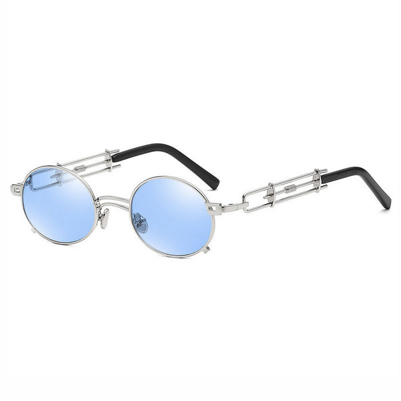 Steampunk Small Oval-Shaped Sunglasses with Intricate Temples Silver-Tone Frame Blue Lens