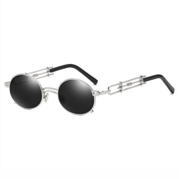 Steampunk Small Oval-Shaped Sunglasses with Intricate Temples Silver-Tone Frame Grey Lens