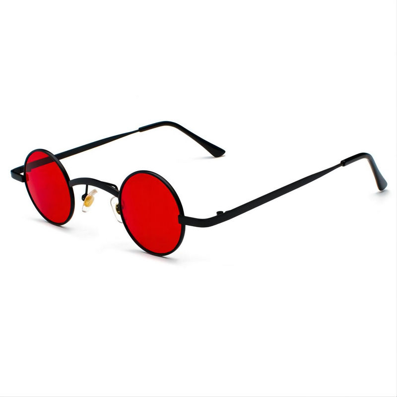 Tiny Metal Round Sunglasses Steampunk Retro Style Black Frame Red Lens