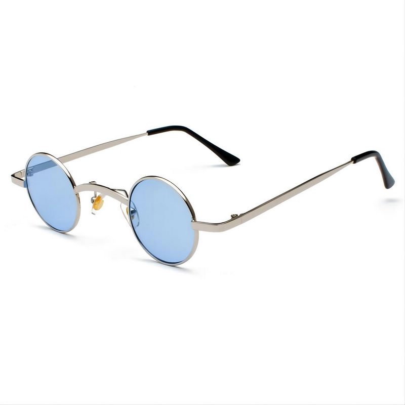 Tiny Metal Round Sunglasses Steampunk Retro Style Silver Frame Blue Lens