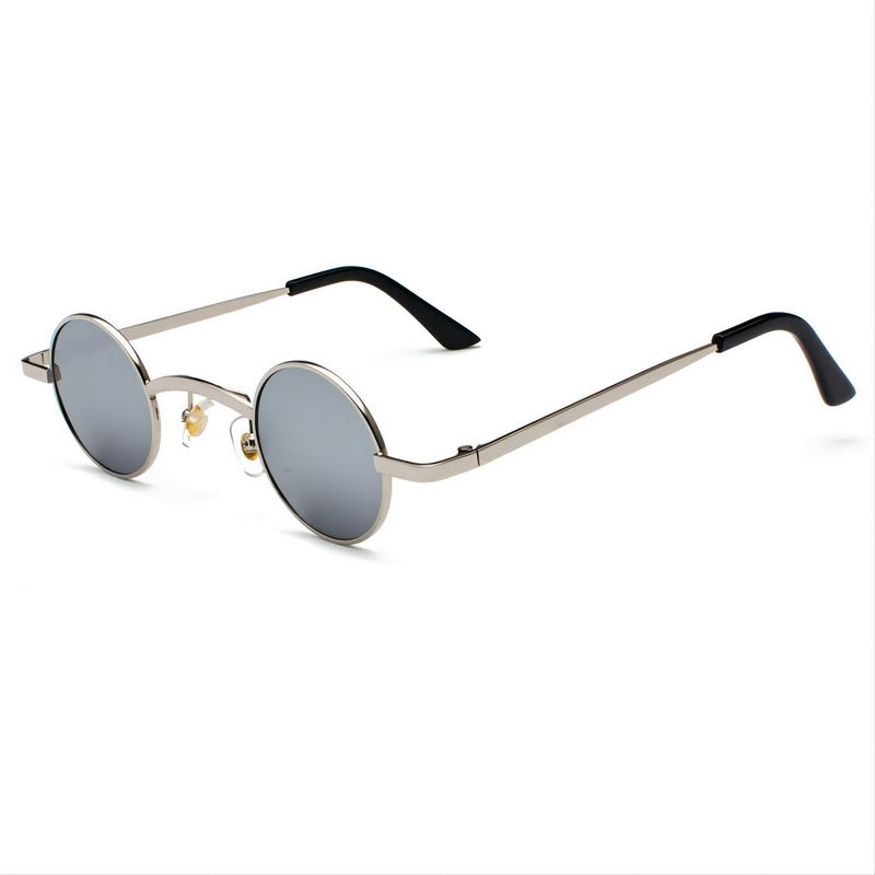 Tiny Metal Round Sunglasses Steampunk Retro Style Silver Frame Mirror White Lens