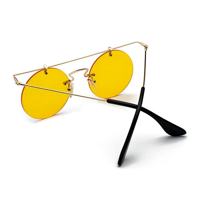 Ultra-Light Flat-Top Frameless Round Sunglasses Gold-Tone Brow/Yellow Lens
