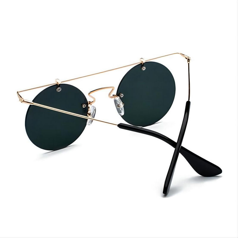 Ultra-Light Flat-Top Frameless Round Sunglasses Silver-Tone Brow/Mirror Blue Lens