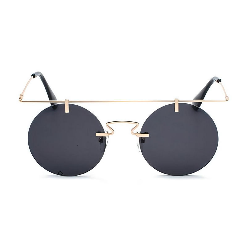 Ultra-Light Flat-Top Rimless Round Sunglasses Gold-Tone Brow/Grey Lens