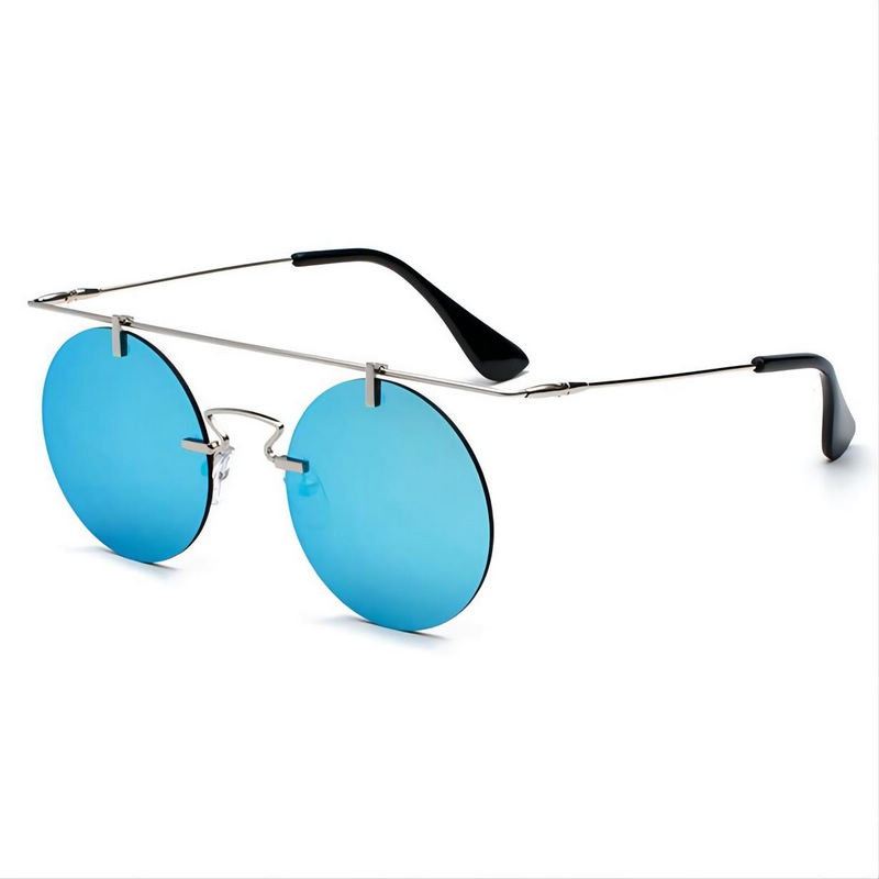Ultra-Light Flat-Top Rimless Round Sunglasses Silver-Tone/Mirror Blue