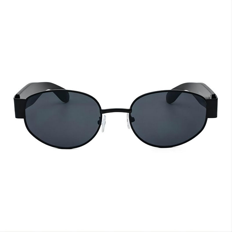 Vintage Oval Sunglasses Black Metal & Acetate Frame Thick Temples Grey Lens