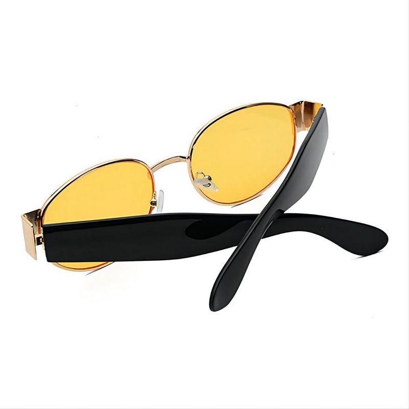 Vintage Oval Sunglasses Gold Metal & Acetate Frame Thick Temples Yellow Lens