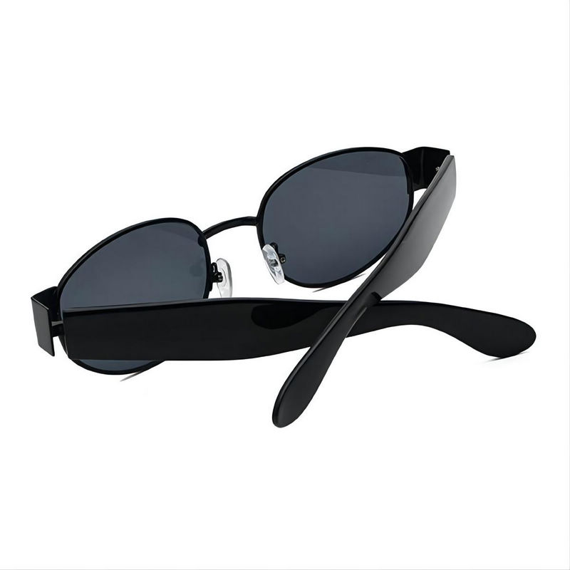 Vintage Oval Sunglasses Metal & Acetate Frame Thick Temples Black/Grey