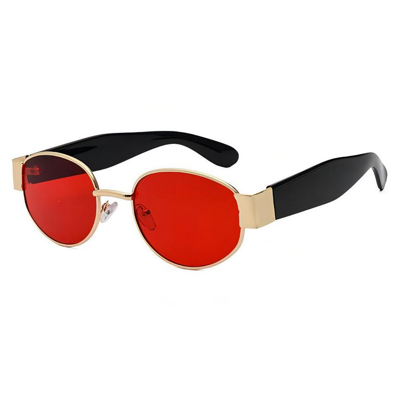 Vintage Oval Sunglasses Metal & Acetate Frame Thick Temples Gold-Tone/Tinted Red
