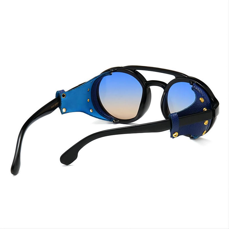 Vintage Steampunk Round Sunglasses with Blue Leather Side Shields