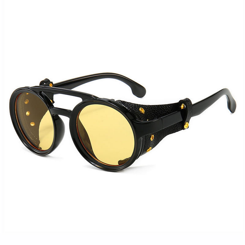 Vintage Steampunk Round Sunglasses with Leather Side Shields Black/Yellow