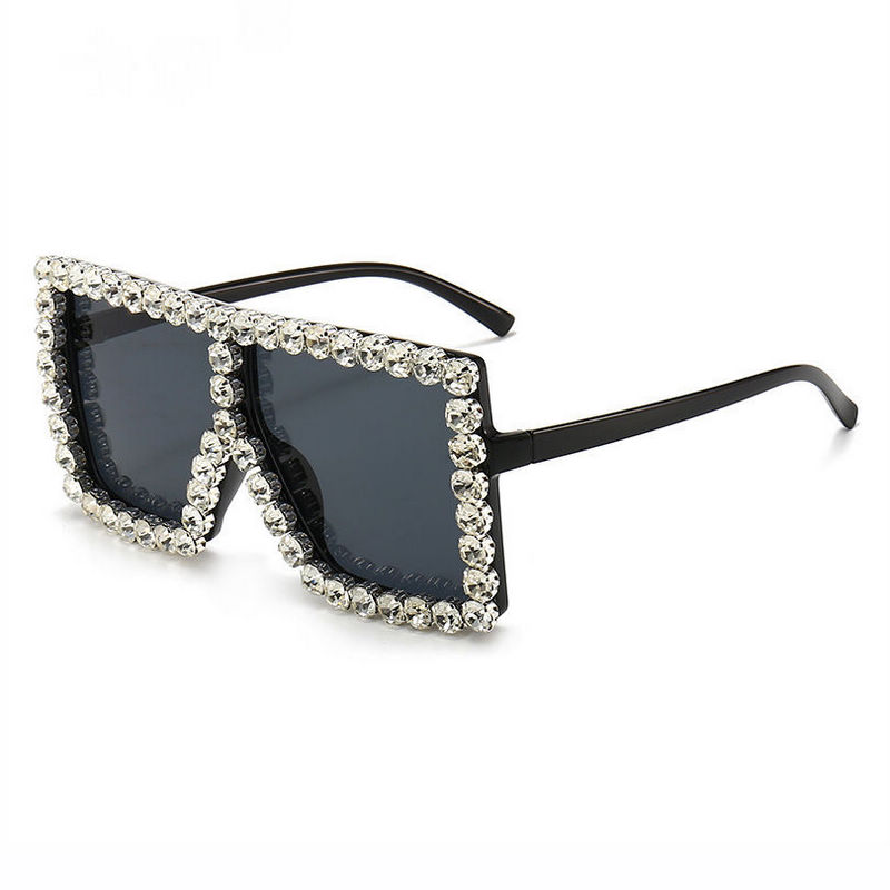 White Bling Crystal Embellished Large Square Flat-Top Sunglasses